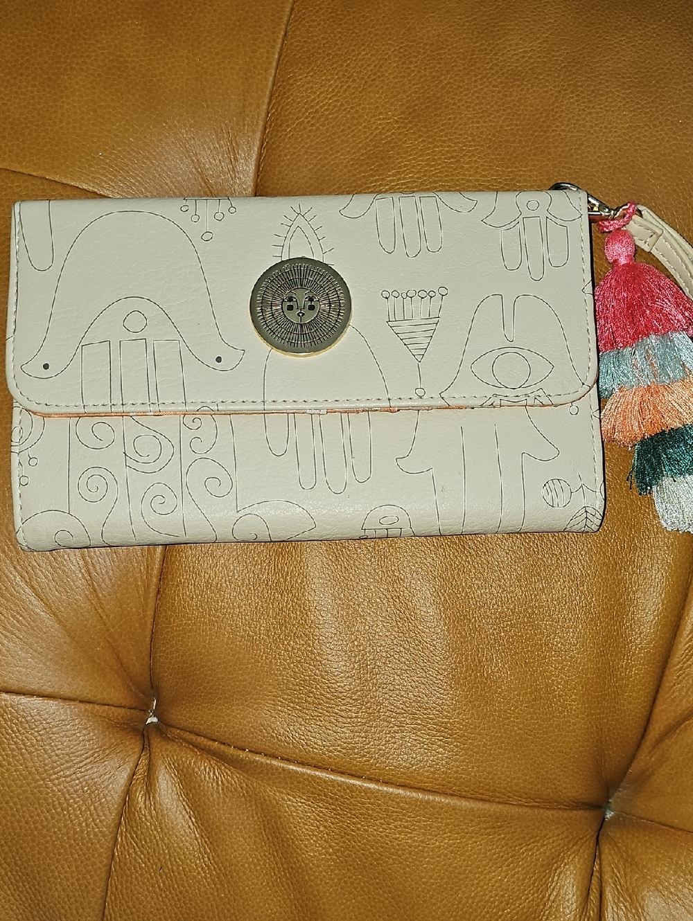 Jungalow Bohemian Print Beige Clutch with Colorful Tassels Travel Wallet Phone